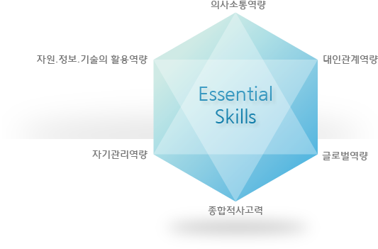 Essential Skills는 의사소통역량, 대인관계역량, 글로벌역량, 종합적사고력, 자기관리역량, 자원,정보,기술의 활용역량을 중심으로 두고 있습니다